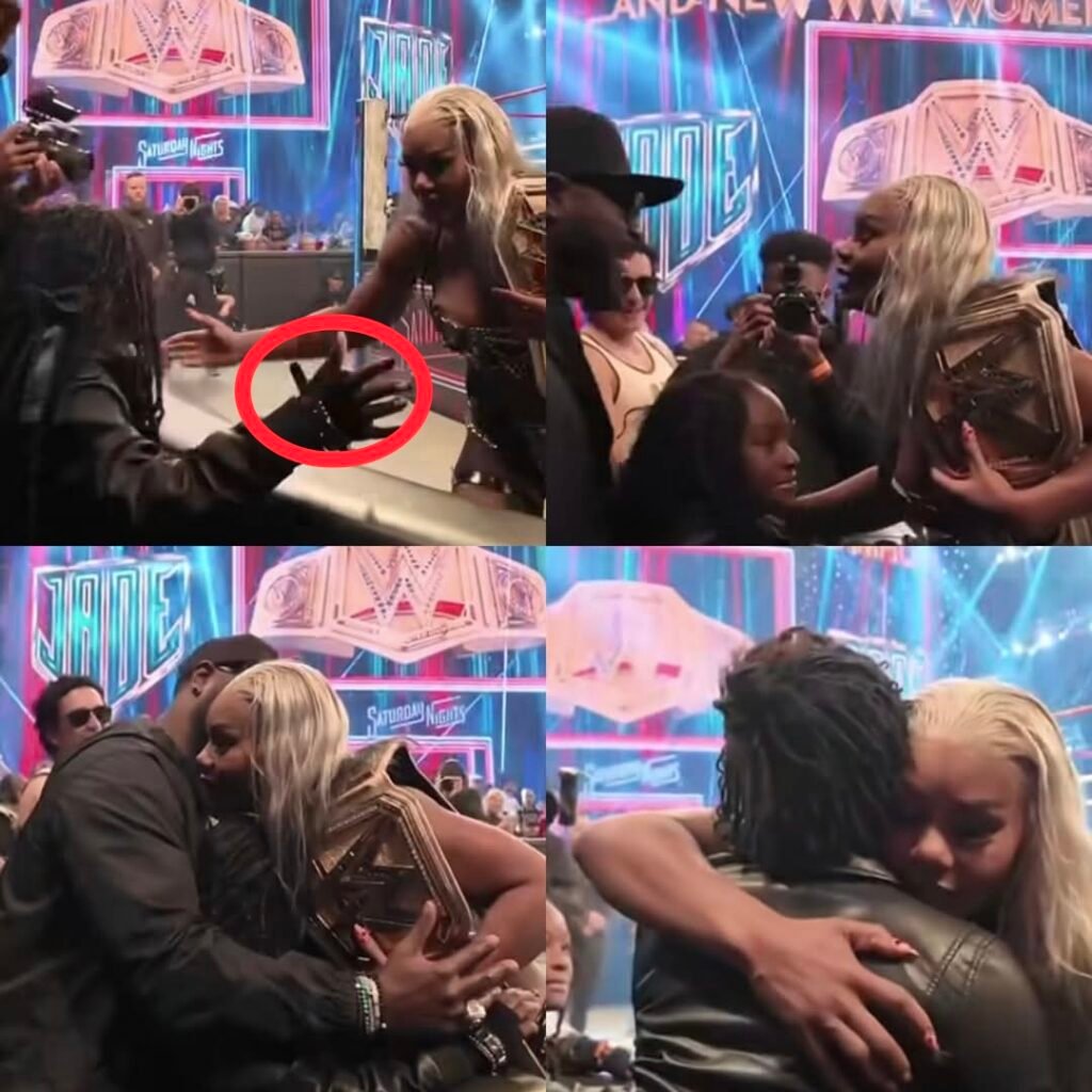 Jade Cargill celebrates with her family after she won the WWE Women’s Championship at WWE SNME.