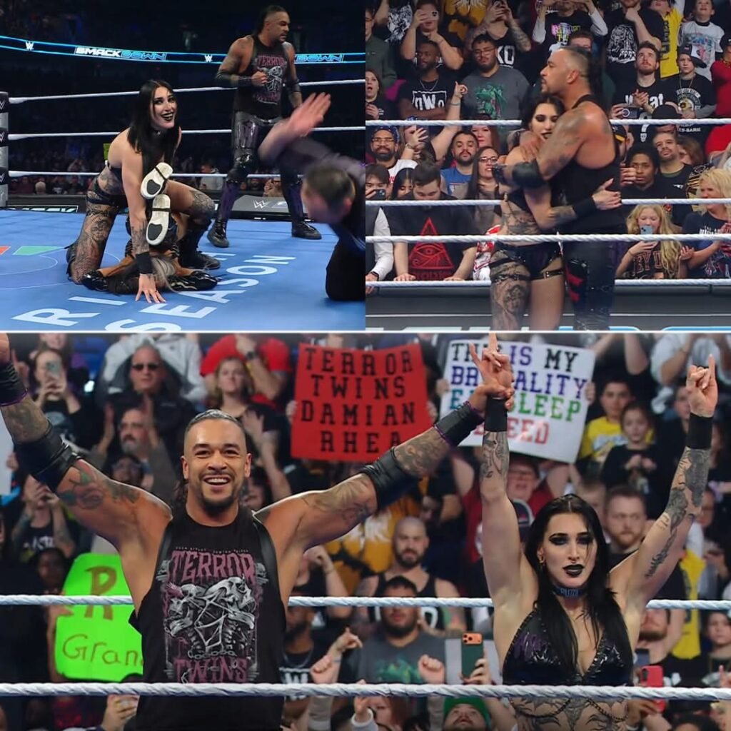 Rhea and Damian did it. they just beat Aleister Black and Zelina Vega to win the mixed tag match.