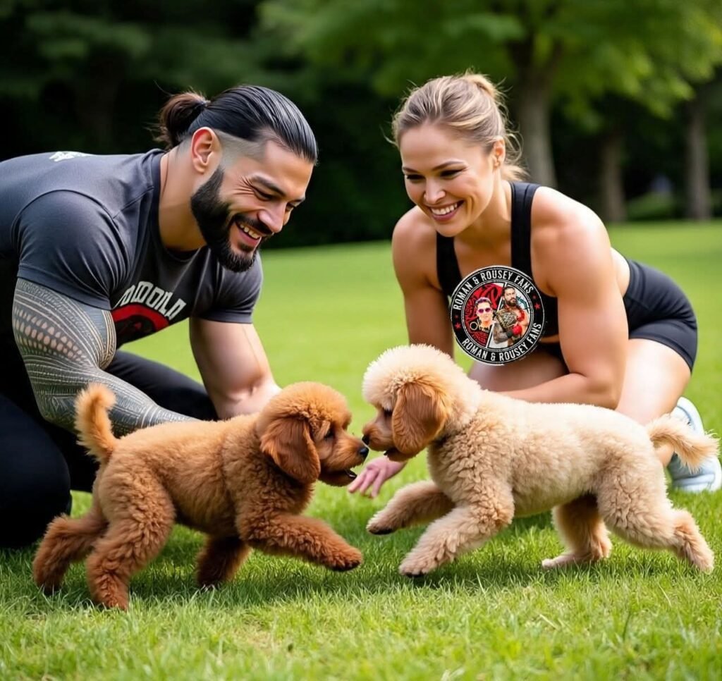 Roman Reigns and Ronda Rousey appear with a Poodle puppy. 🐶💕🐾