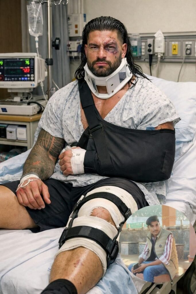 A Warrior Never Truly Falls Roman Reigns lies in the hospital bed, injured but unbroken.