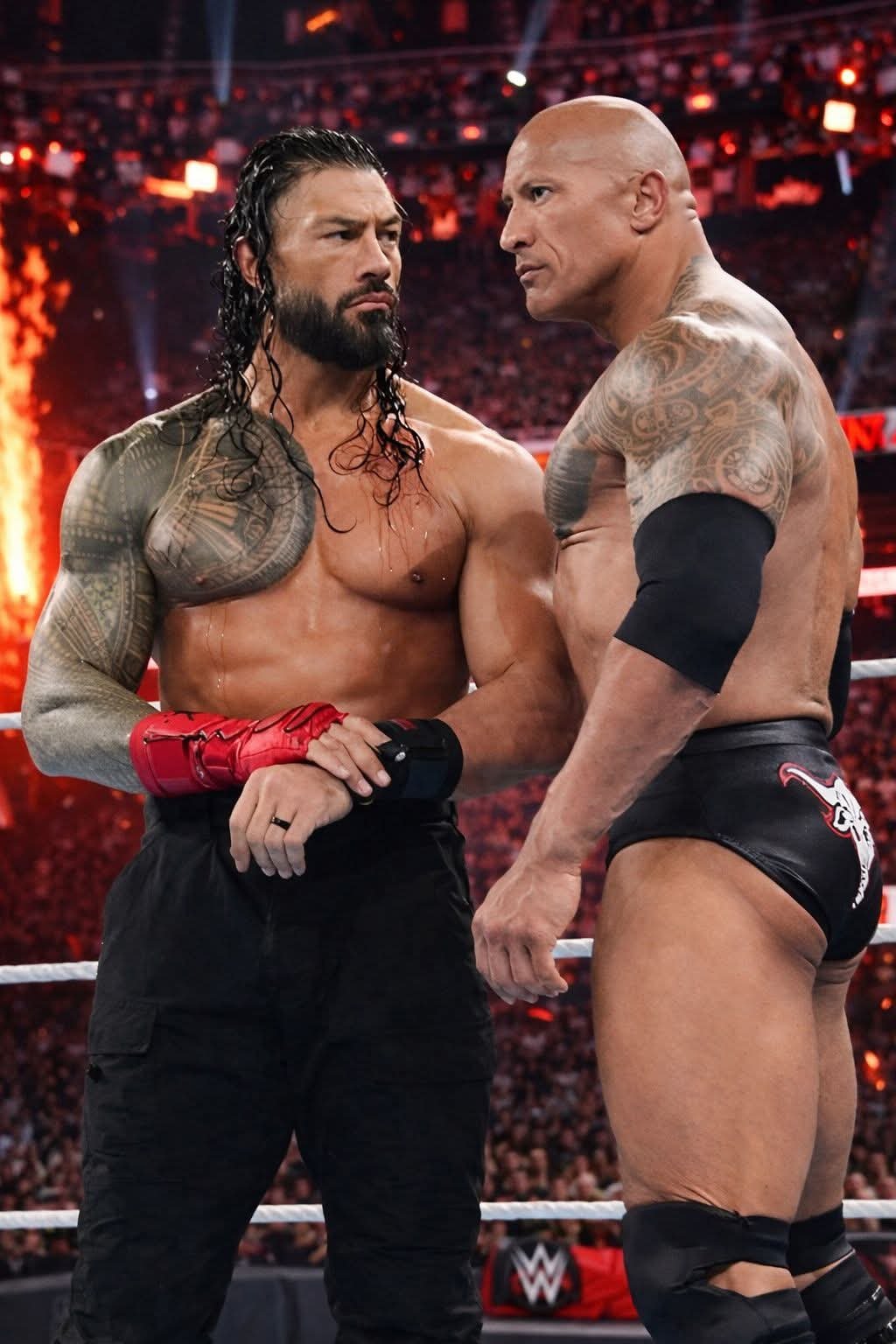 Electric tension fills the arena as two titans stand face to face,