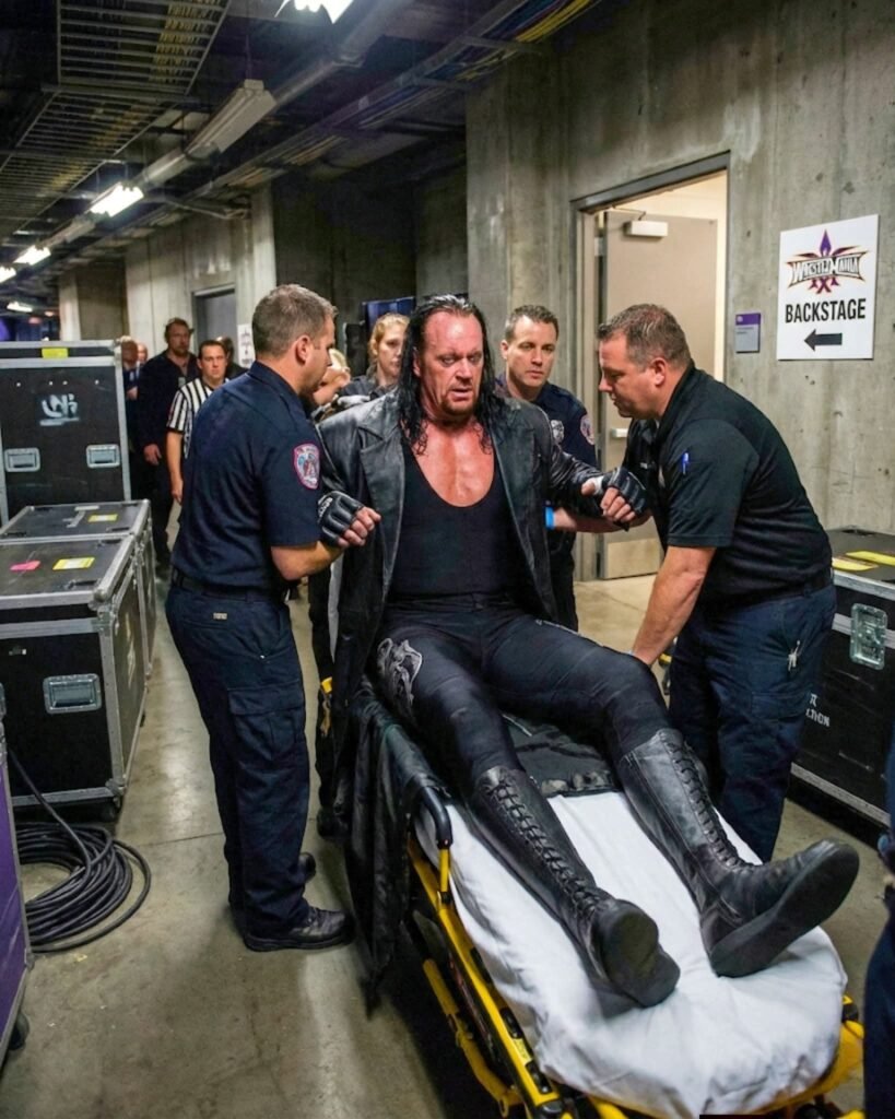 The Night Undertaker Pushed Too Far 💔🖤 After WrestleMania 30, The Undertaker reportedly collapsed backstage and was immediately hospitalized following his brutal match with Brock Lesnar 😔