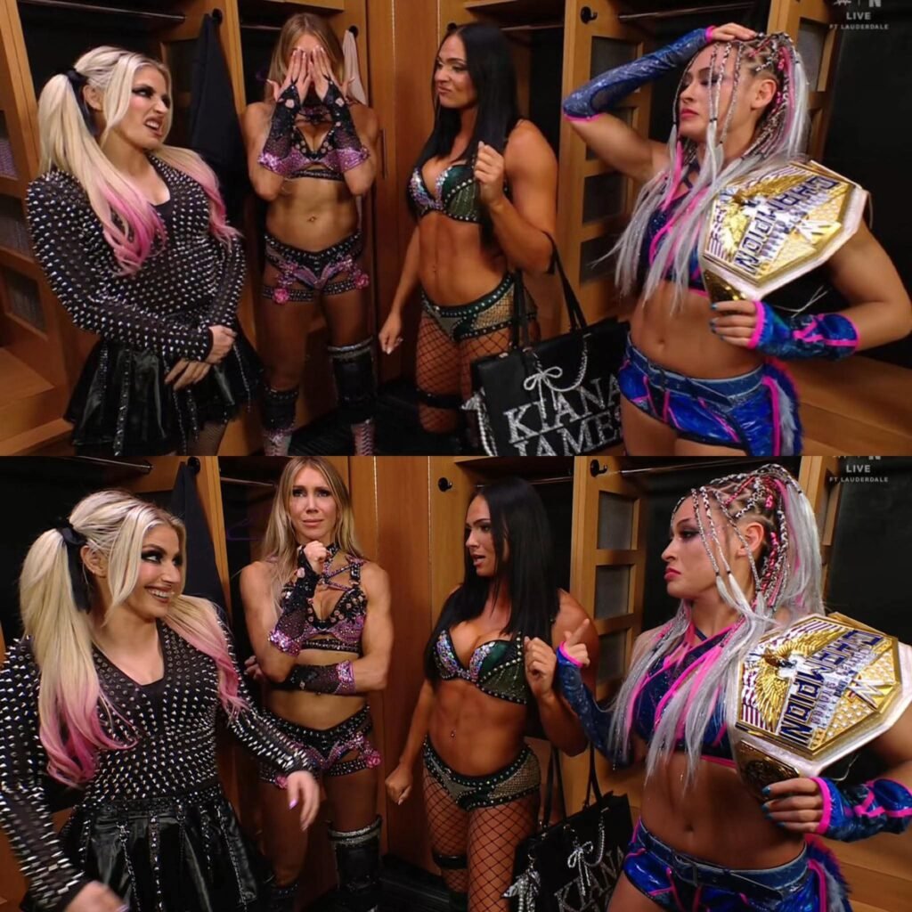 Alexa Bliss, Charlotte Flair, Kiana James and Giulia backstage on SmackDown.