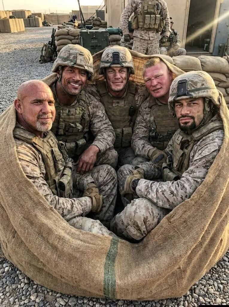 Goldberg, The Rock, John Cena, Brock Lesnar, and Roman Reigns enjoy recreational activities at a military base.