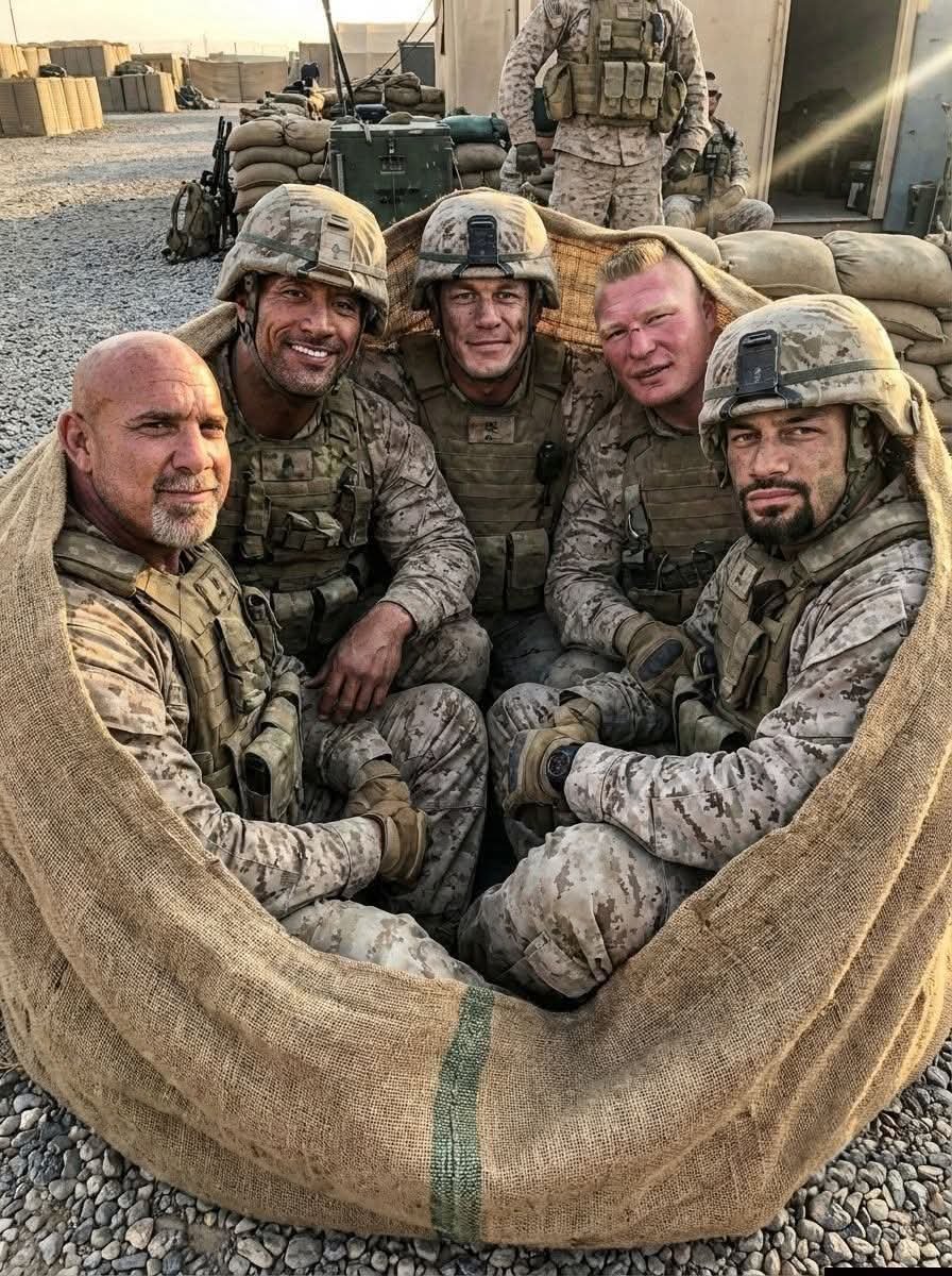 Goldberg, The Rock, John Cena, Brock Lesnar, and Roman Reigns enjoy recreational activities at a military base.
