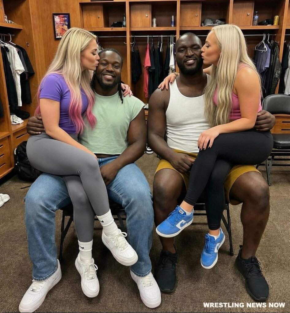 Alexa Bliss & Boyfriend Oba Femi With Liv Morgan & Boyfriend Omos Backstage at WWE Event as Charlotte Flair & Dominik Mysterio Look On  #WWE