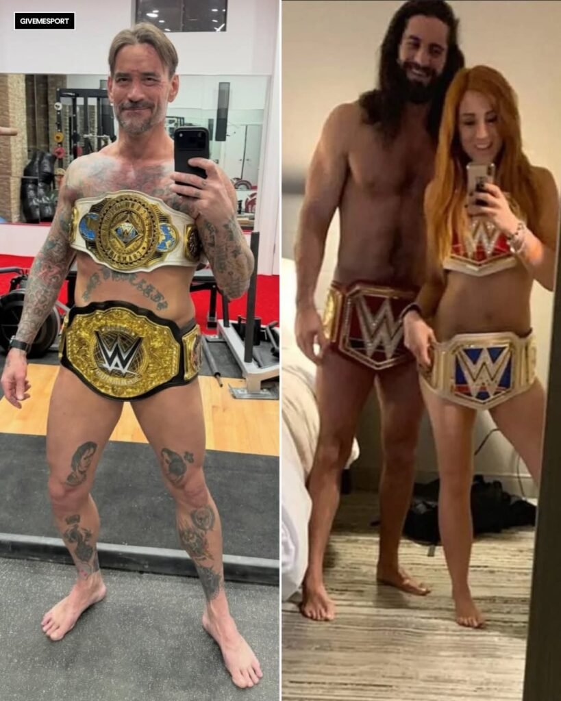 CM Punk copying Seth Rollins and Becky Lynch’s iconic title photo 🤣🤣🤣